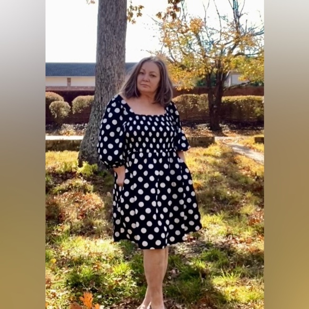 Polka-Dot AVA & VIV Puff Sleeve Luxury Black & White Dress - Picture 4 of 16